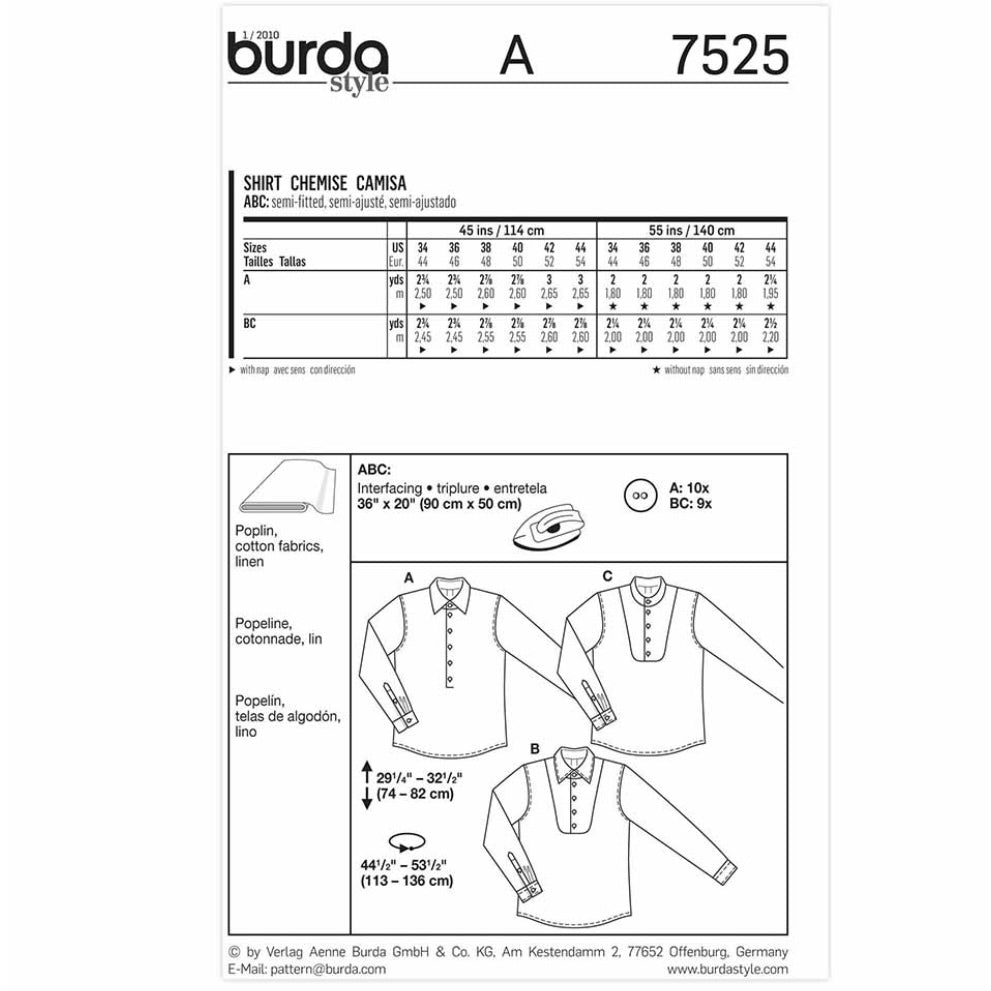 Burda Style 7525 - Men’s Shirt Sewing Pattern