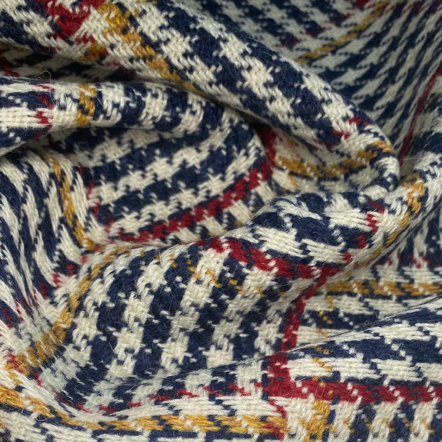 Wool Coating - Houndstooth Plaid - Blue/Cream/Red/Yellow